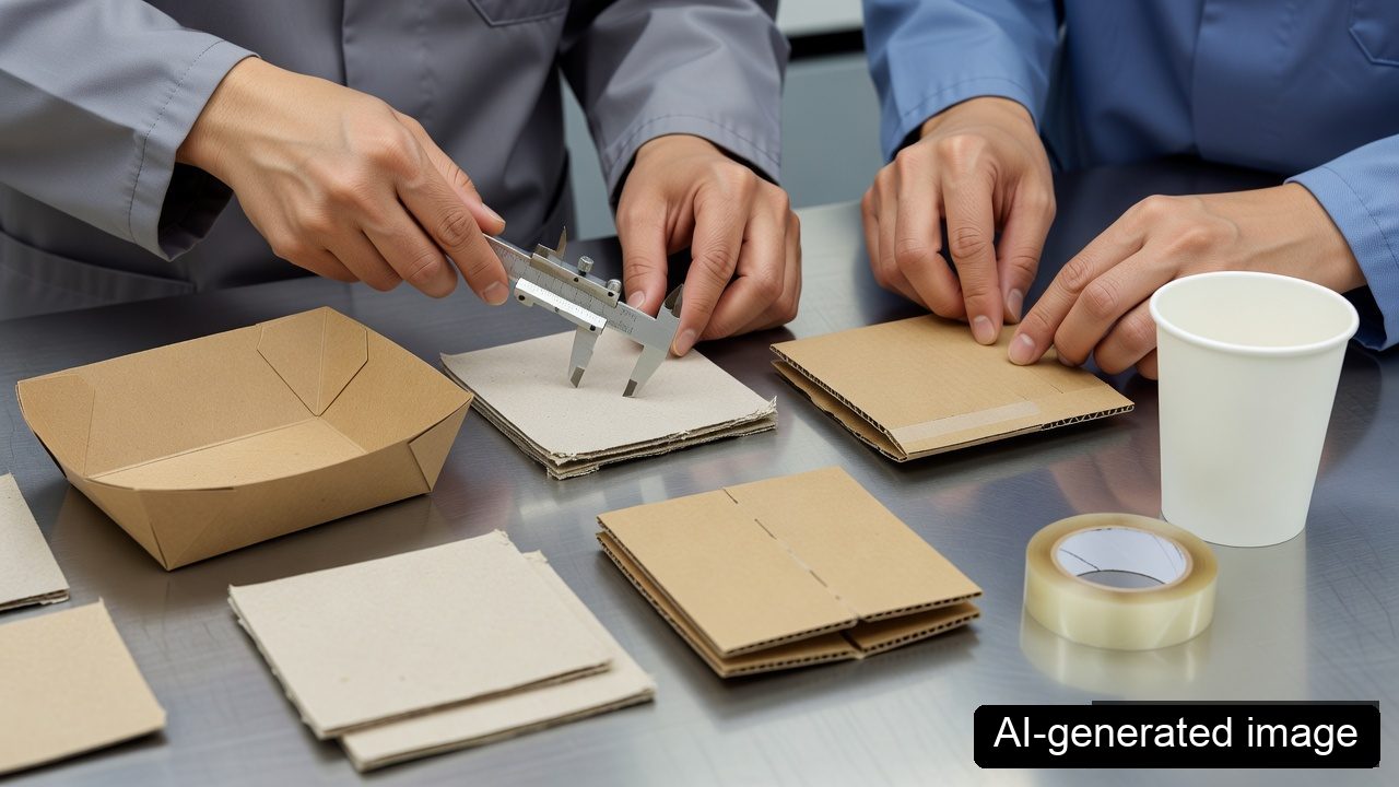 AI-generated image of quality staff measuring paper food-packaging samples and checking an adhesive seam