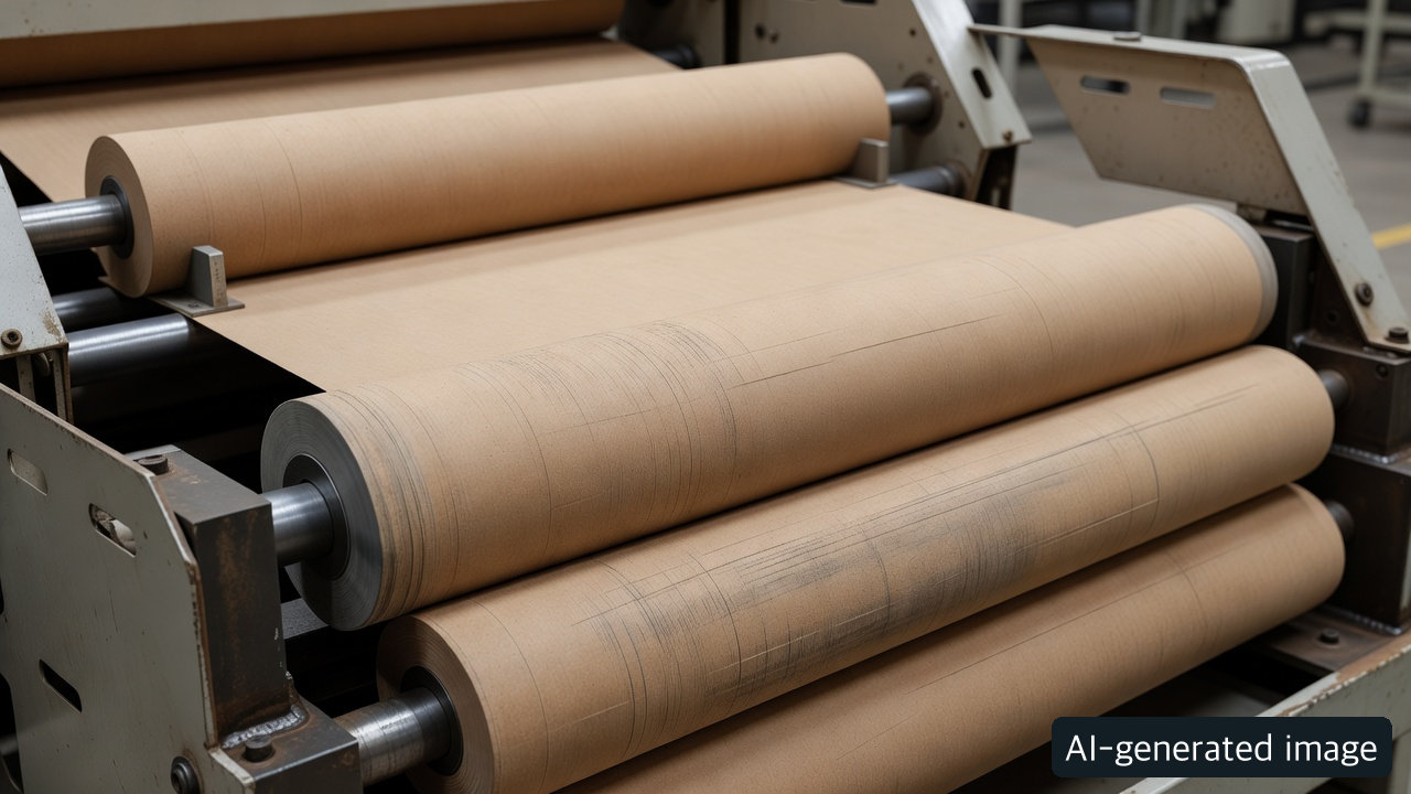 AI-generated concept of a generic sizer-roll contact and brown paper web; not the named manufacturer&rsquo;s exact design