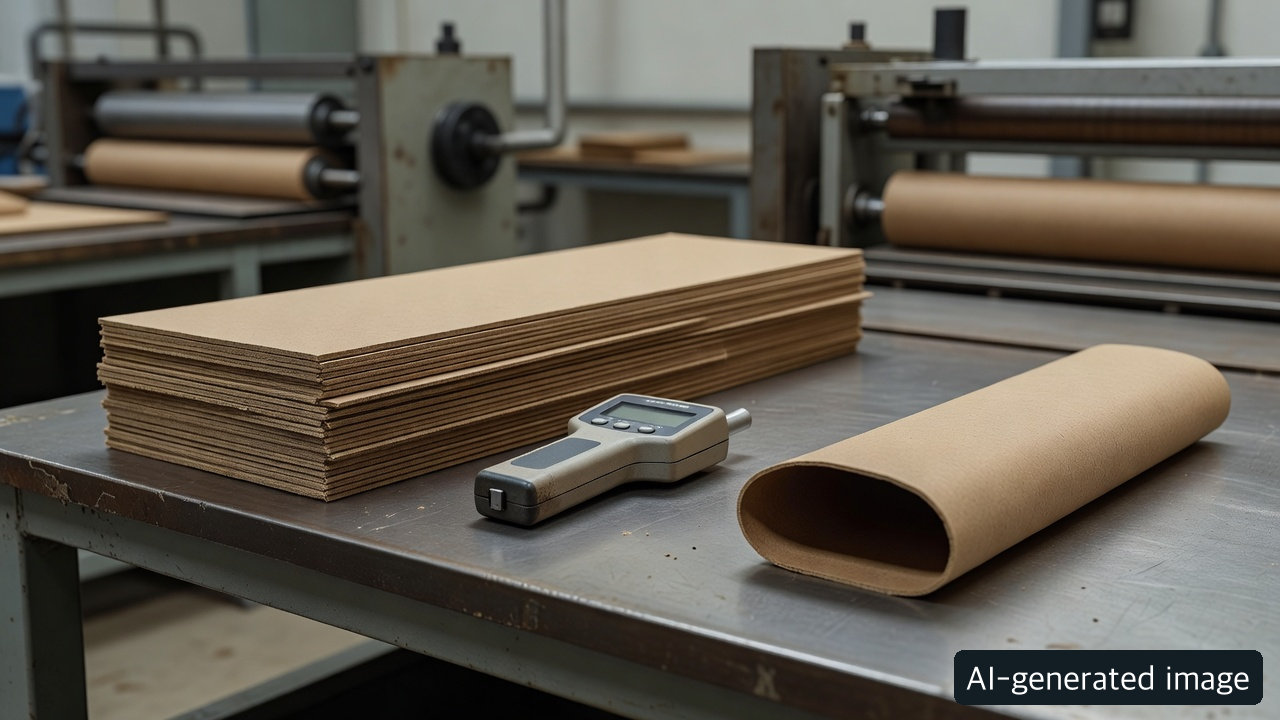 AI-generated concept of brown-board specimens and measuring tools; not customer test data