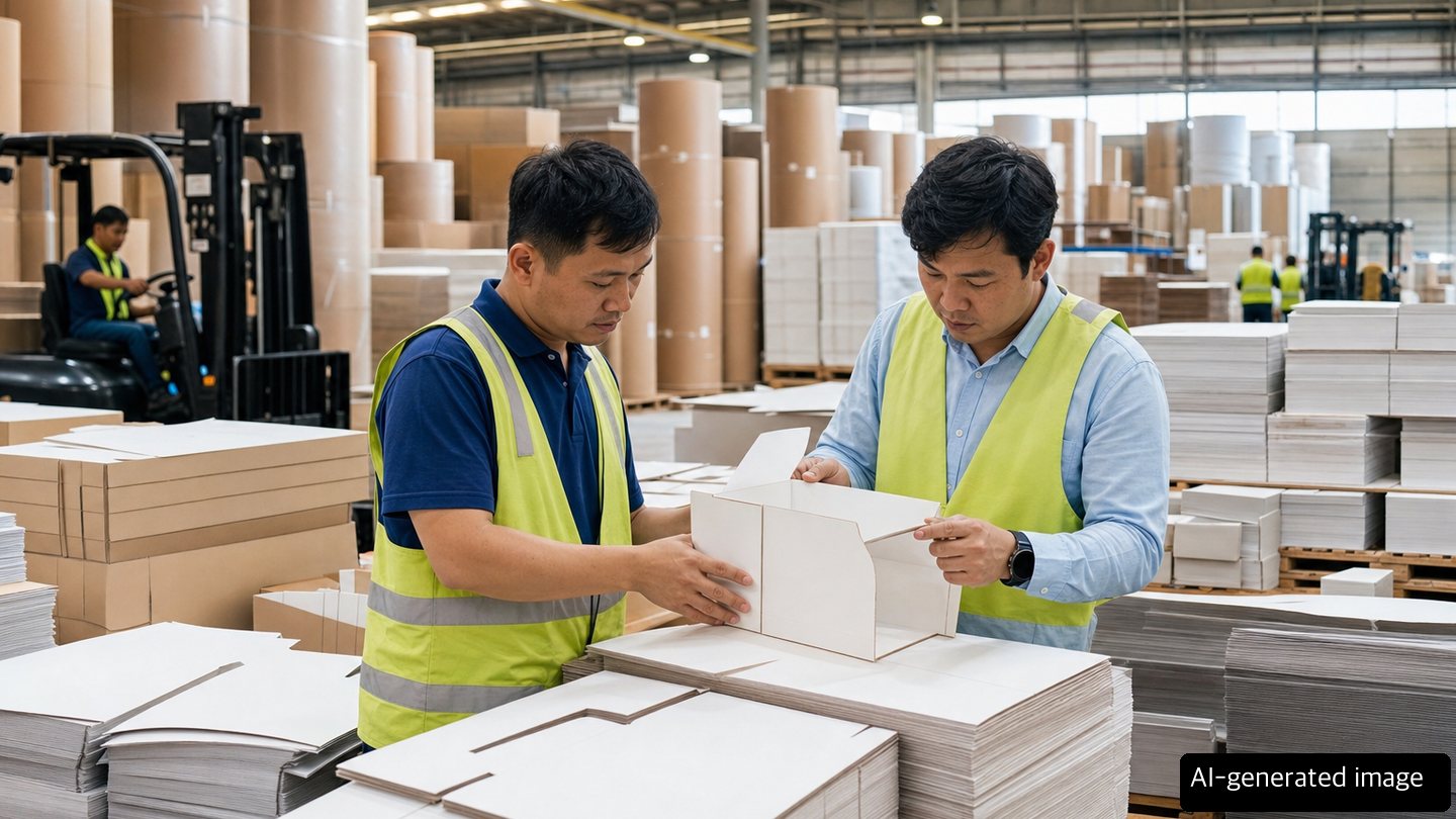 Paperboard and paper packaging for Vietnam export being inspected in an industrial packaging plant