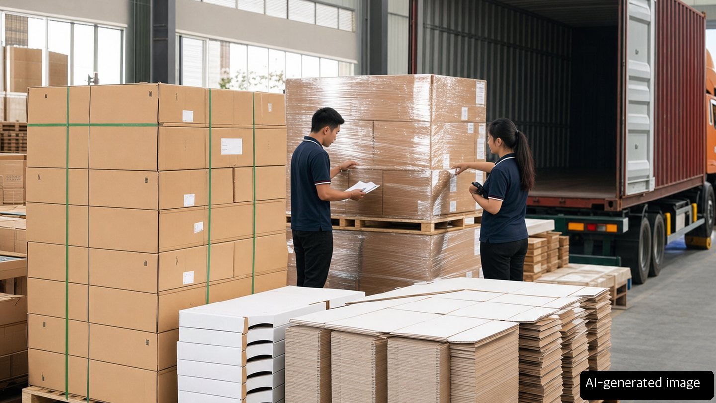Palletized paper packaging and carton blanks being inspected for Southeast Asia export