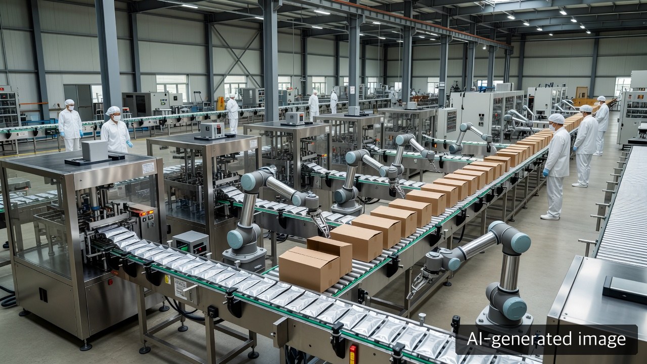 AI-generated image of an automated pouch-filling, inspection and case-packing line producing peak-season volume