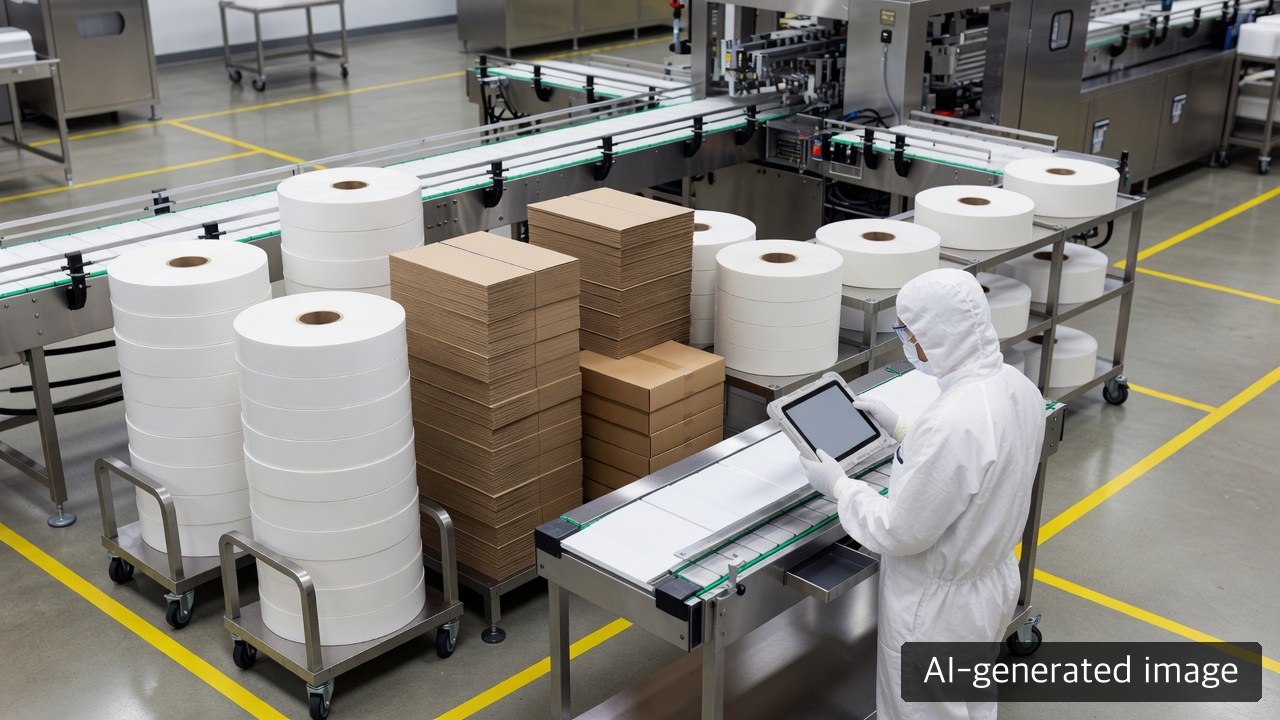 AI-generated image of an operator checking line-side packaging-film rolls, flat cartons and replenishment buffers