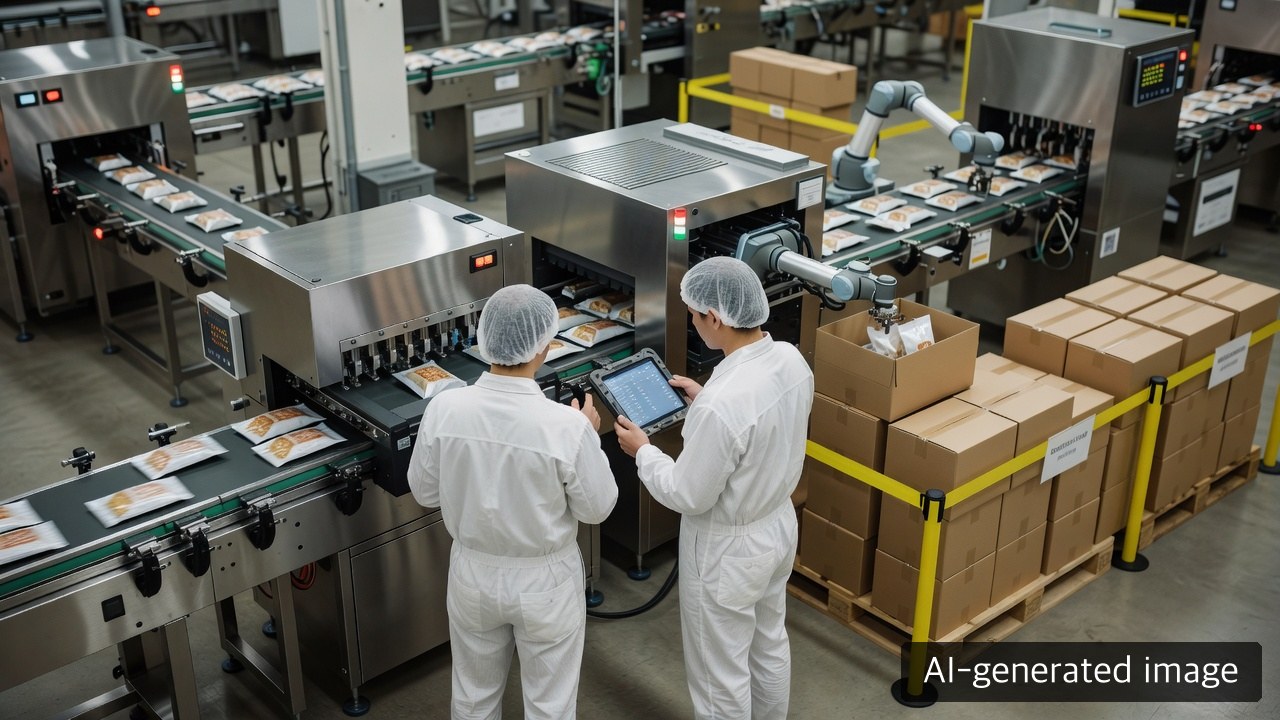 AI-generated image of operators checking inspection rejects, weight verification, robotic case packing and a controlled hold area during shift handover
