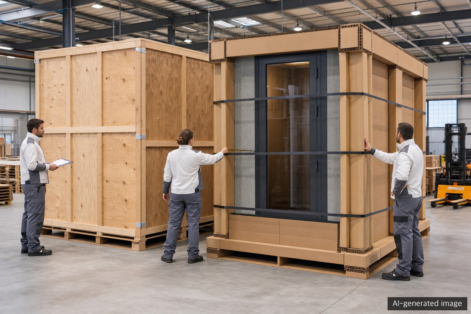 Engineers comparing a full-size wooden crate with custom heavy-duty corrugated packaging