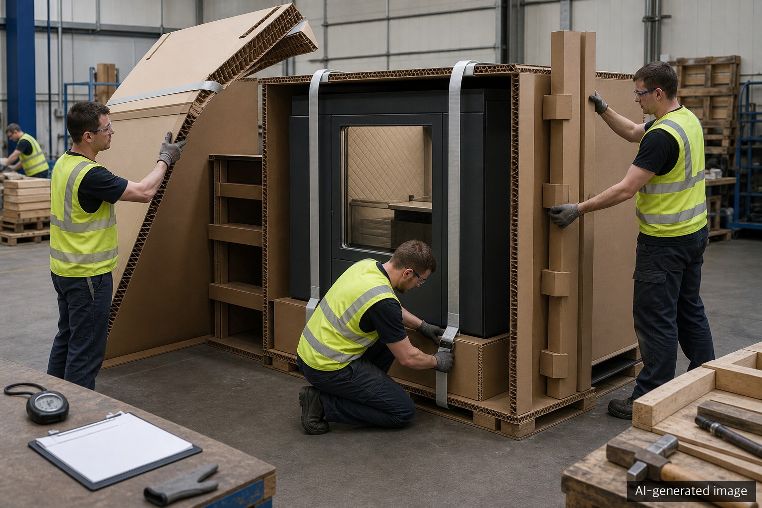 Workers assembling custom heavy-duty corrugated packaging to verify supports and work motions