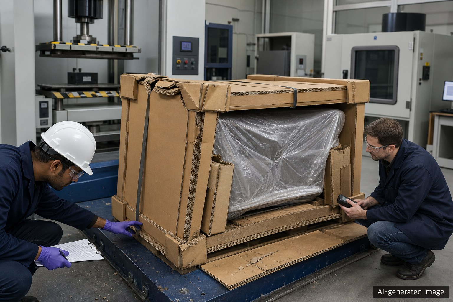 Engineers inspecting damage and restraints after compression, vibration, and handling tests