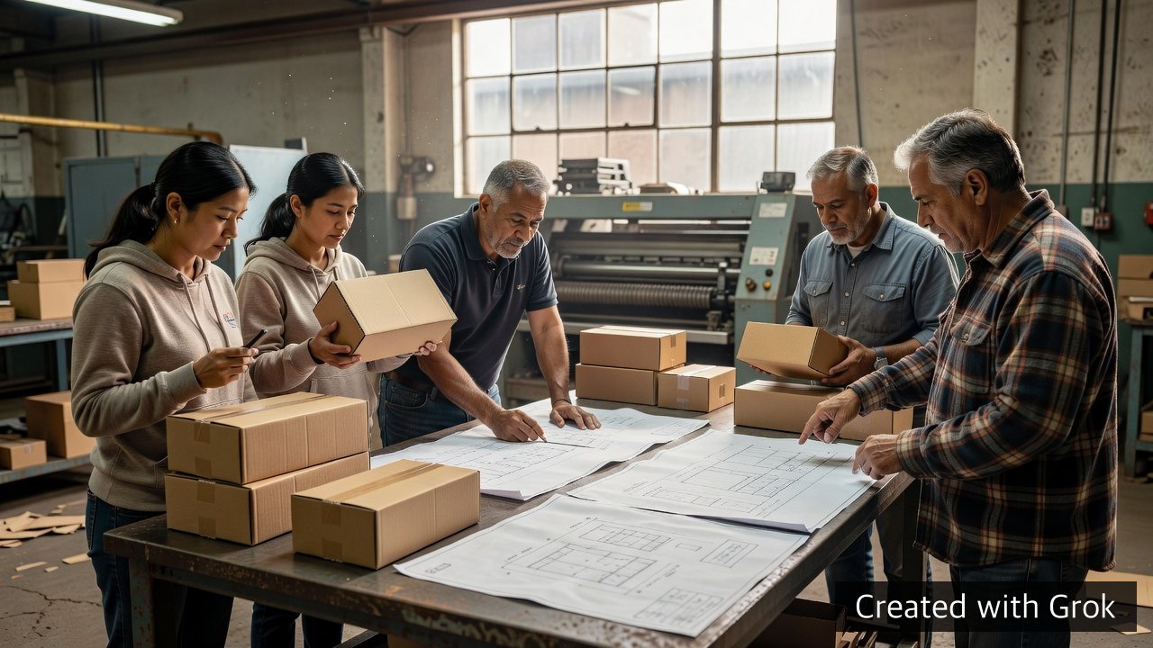 AI-generated concept of a generic packaging team discussing equipment plans and box samples; not Yaguarete's actual plant or staff