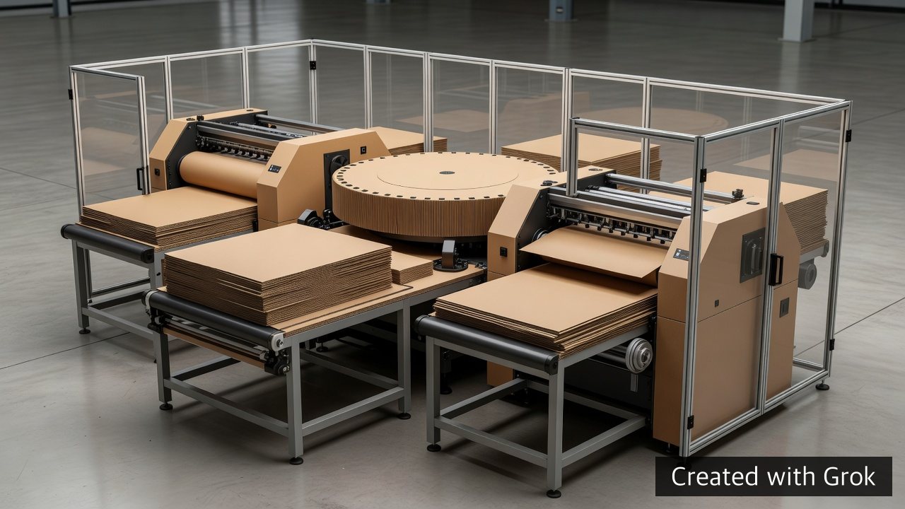AI-generated concept of a generic guarded printing and rotary die-cutting cell; not a photograph of Yaguarete’s contracted equipment